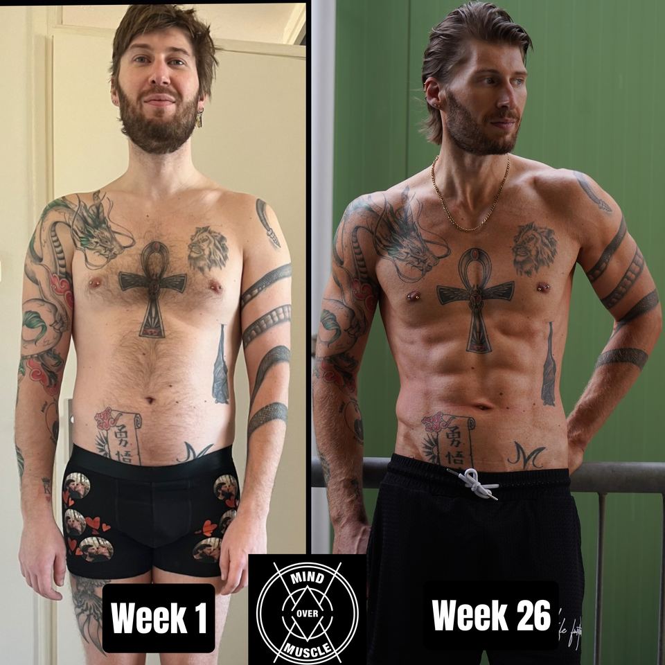 Voor en na van Mikey (36) bij Mind Over Muscle: week 1 en week 26