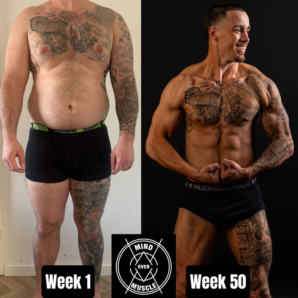 Voor en na van Giovanni (26) bij Mind Over Muscle: week 1 en week 50