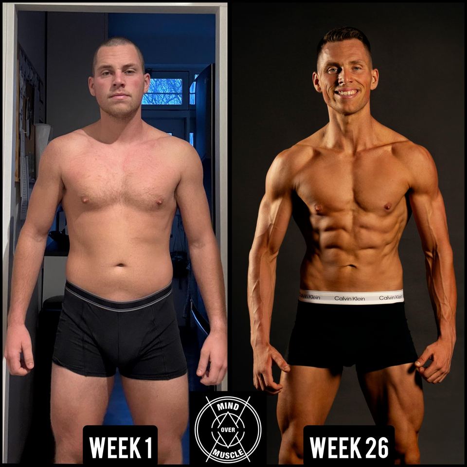 Voor en na van Tijs (26) bij Mind Over Muscle: week 1 en week 26