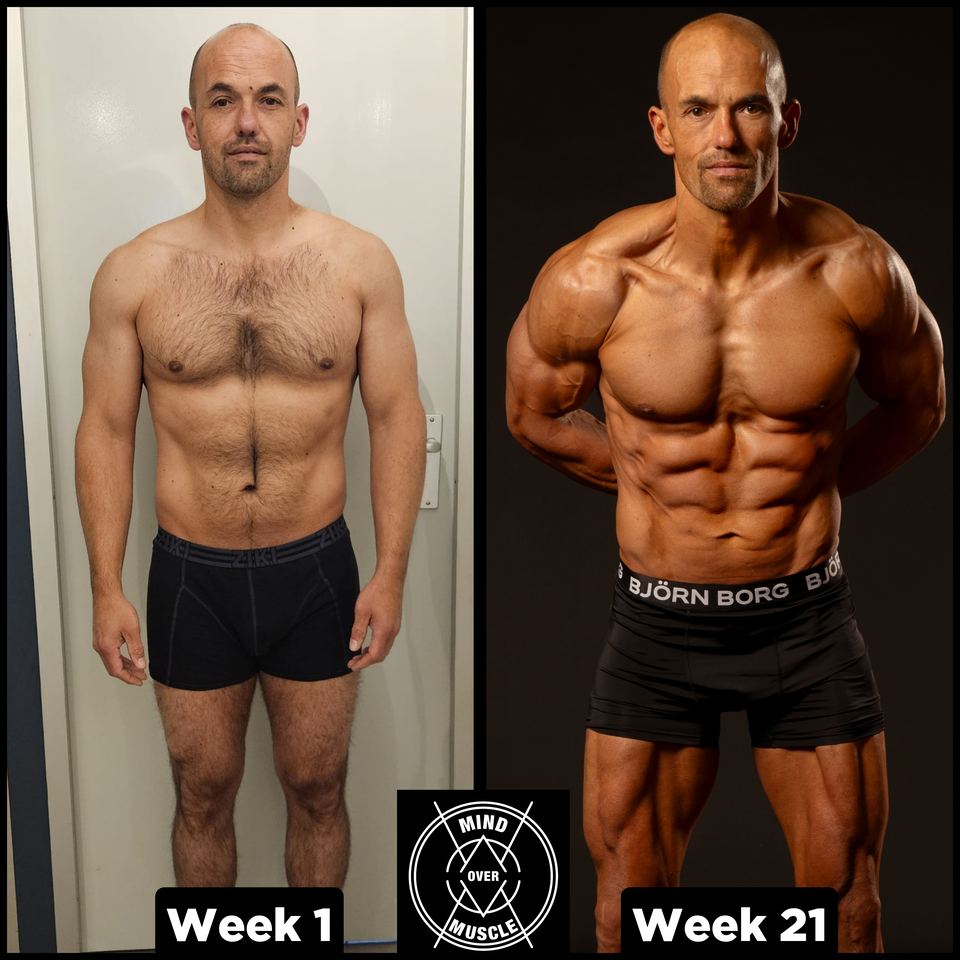 Voor en na van Robert (46) bij Mind Over Muscle: week 1 en week 21