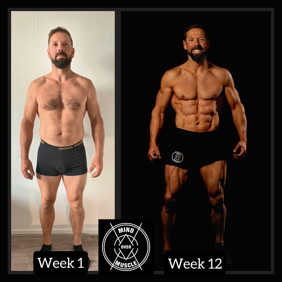 Voor en na van Les (45) bij Mind Over Muscle: week 1 en week 12